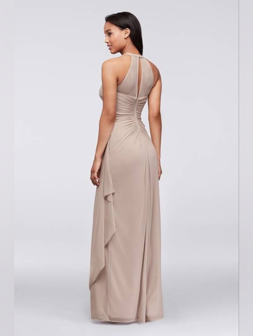 David's Bridal Taupe Halter Maxi Dress with Ruched Back